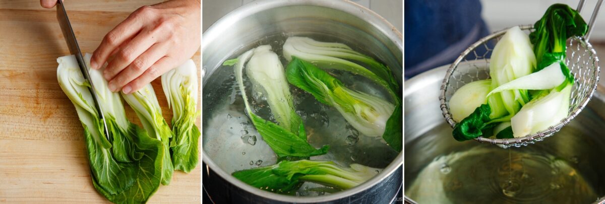 Three images: a hand slicing bok choy for tan tan udon on a cutting board, bok choy halves boiling in water, and blanched bok choy being lifted from the pot with a strainer.