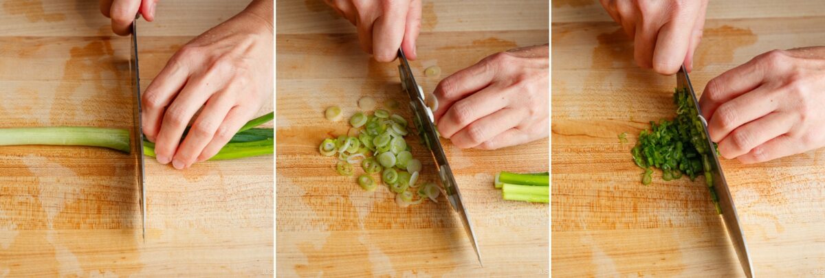 A series of three images showing hands slicing green onions for tan tan udon on a wooden cutting board: first lengthwise, then into thin rounds, and finally finely chopping them.