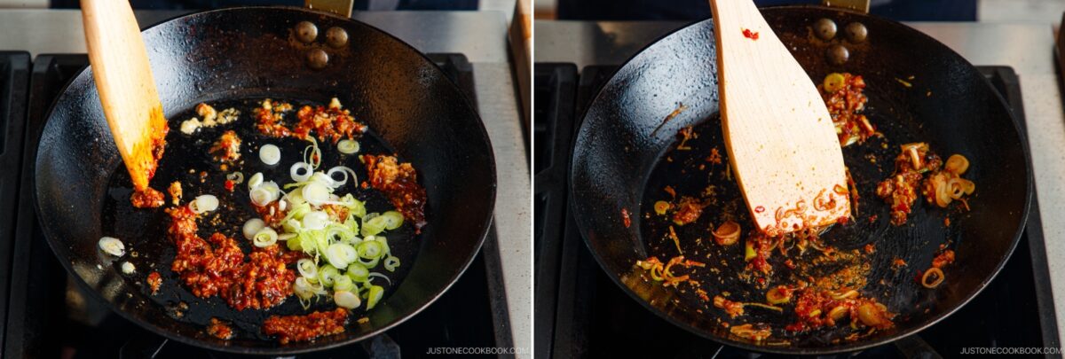 Side-by-side images of a black pan on a stove: left, chopped garlic, chili paste, and sliced green onions are sautéed to create a flavorful base for tan tan udon; right, the mixture is further cooked and stirred with a wooden spatula.