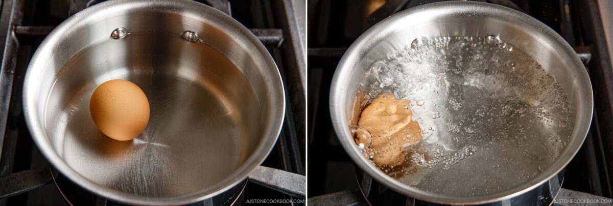 A side-by-side image shows a brown egg in a saucepan of water on the left, and the same egg boiling in bubbling water on the right, both on a stovetop—often used to prepare eggs for dishes like chicken nanban.