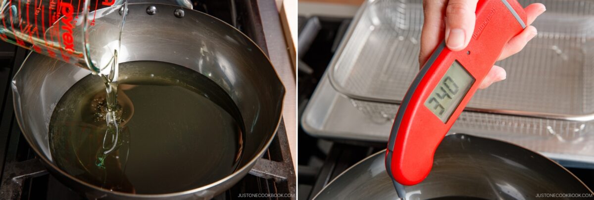 A person pours oil into a pan on a stove (left) and holds a red digital thermometer showing 340°F above the pan (right), preparing to deep fry chicken nanban.