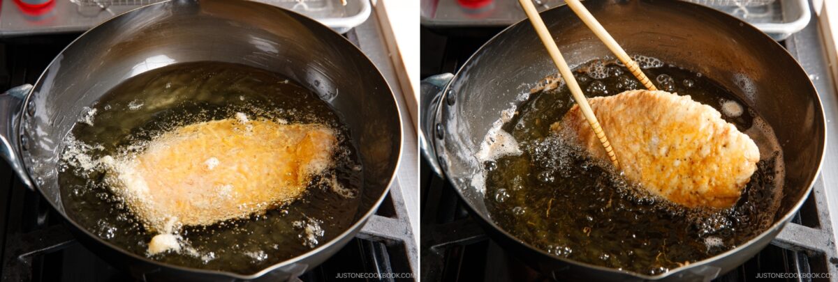 Side-by-side images show a breaded chicken nanban cutlet being deep-fried in hot oil in a black pan. In the right image, chopsticks are used to lift the golden-brown chicken nanban from the oil.
