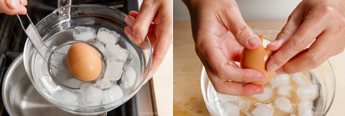 Two images side by side: one shows a hand placing a boiled egg into a bowl of ice water, perfect for preparing chicken nanban; the other shows hands cracking the cooled egg over the same bowl with ice.