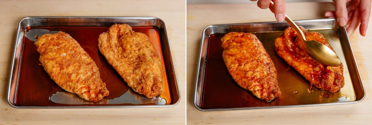 Two breaded chicken cutlets on a metal tray. In the left image, they are plain; in the right, a hand spoons red sauce over one cutlet, giving it a delicious chicken nanban-inspired touch.