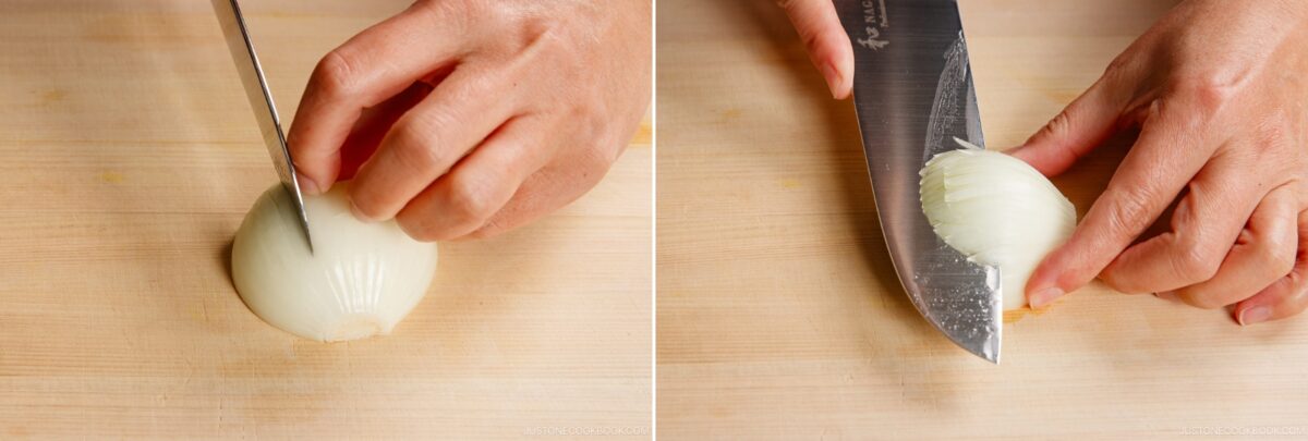 Two images show hands slicing a peeled onion with a large kitchen knife on a wooden cutting board—an essential prep step for making chicken nanban. The first image shows vertical cuts, the second horizontal cuts into the onion.