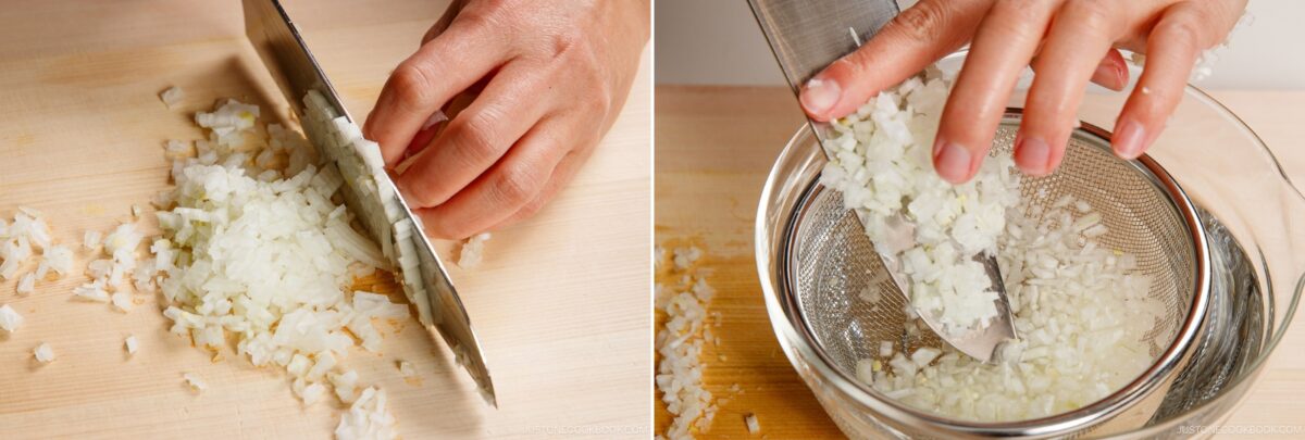 A person finely chops onions on a wooden cutting board, preparing ingredients for chicken nanban, then uses a knife to transfer the diced onions into a metal mesh strainer over a bowl.