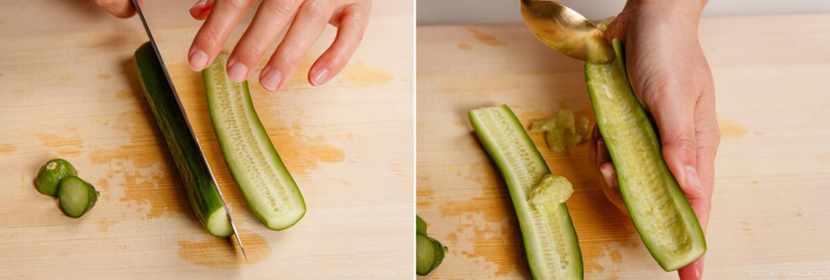 A person slices a cucumber lengthwise, then uses a spoon to scoop out the seeds on a wooden cutting board while preparing ingredients for chicken nanban.