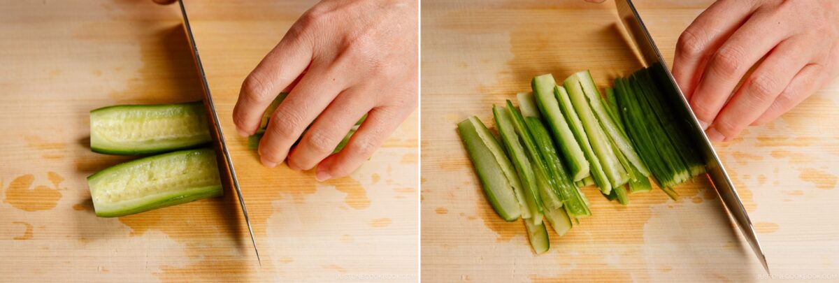 Two images side by side show hands slicing a cucumber on a wooden cutting board—ideal for preparing chicken nanban. In the first, the cucumber is cut lengthwise; in the second, it is sliced into thin strips with a knife.