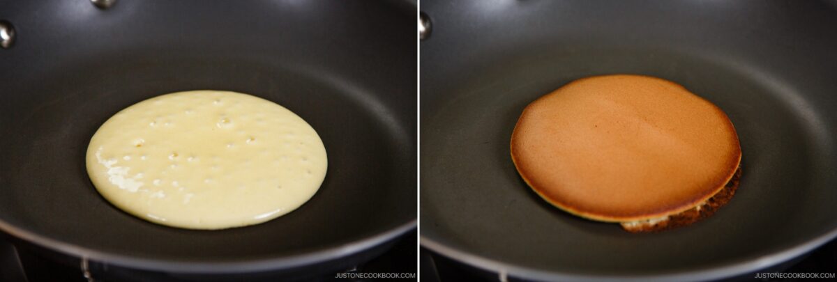 Side-by-side images of a dorayaki (Japanese red bean pancake) in a frying pan: the left side shows batter bubbling, while the right reveals the flipped dorayaki, golden brown and perfectly cooked on one side.