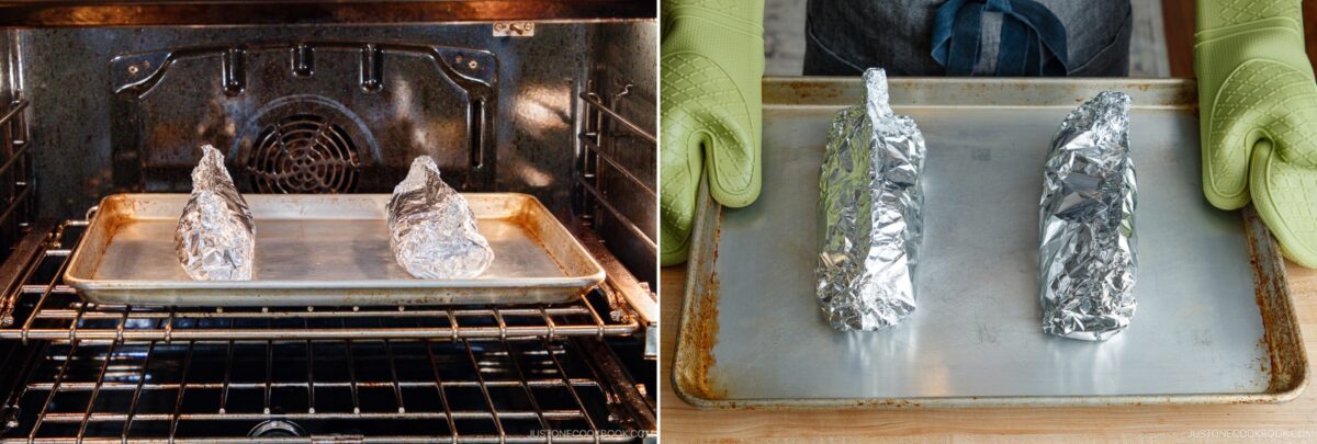 Two ears of corn wrapped in aluminum foil are shown on a baking sheet—much like how miso salmon in foil is prepared. The left image shows them baking in an oven; the right shows them just out, handled with green oven mitts.
