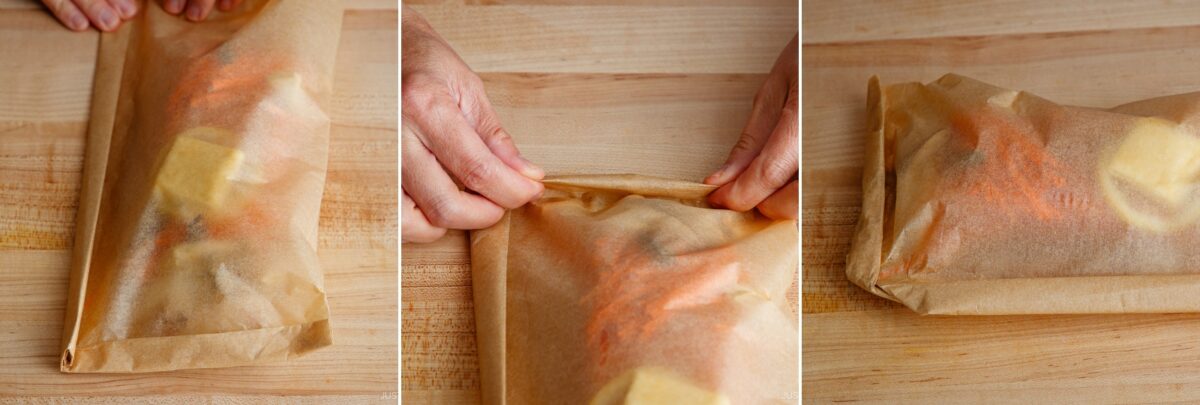 Three side-by-side images show hands folding parchment paper around food, sealing the edges to form a packet on a wooden surface. The packet, similar to miso salmon in foil, contains vegetables and butter.