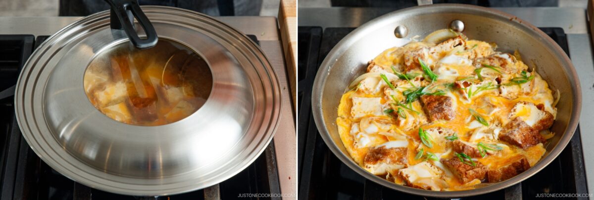 Side-by-side images: On the left, a pot with a lid is cooking on a stove. On the right, the lid is removed, revealing a simmering dish with tofu, vegetables, and green onion in a sauce, ready to serve.